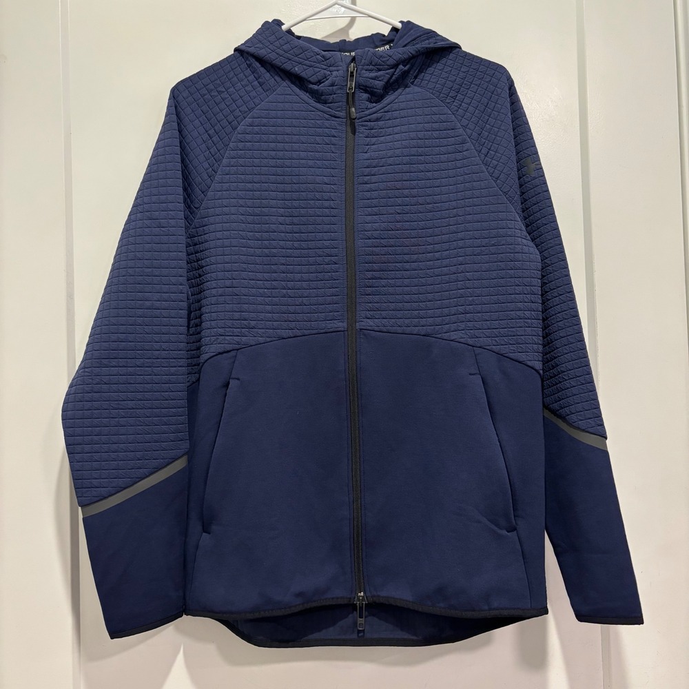 Under Armour Mens Navy Blue Quilted Hybrid Full Zip Hooded Jacket Size Small